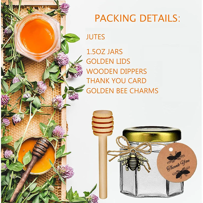 Mini Hexagonal Glass Honey Jars-Small Honey Jars-With Gold Lids For Baby Shower, Wedding And Party Favors