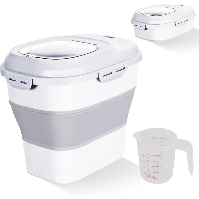 Cereal Rice Food Storage Containers, Collapsible 20 to 50 Lbs Dispenser Bin with Rolling Wheel Airtight Locking Lid,