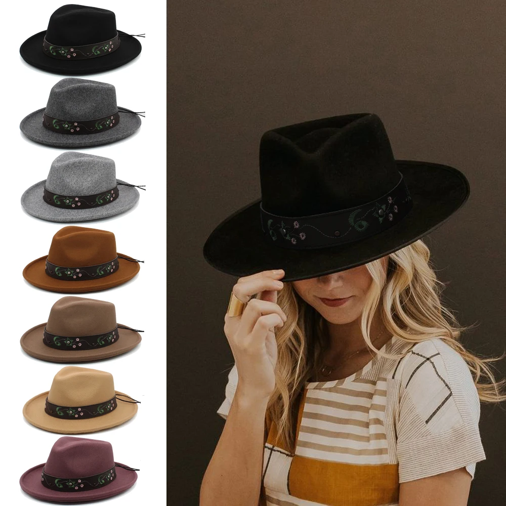 

Men Women Wool Blend Solid Panama Hats Wide Brim Sunhat Street Style Fedora Caps Retro Trilby Travel US Size 7 1/8-7 3/8 UK M-L