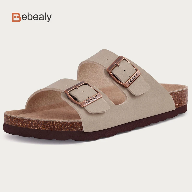 Bebealy 2024 Women Cork Slippers Summer Flat Slippers Women Mules Outdoor Soft Beach Sandals With Arch Support Adjustable Buckle