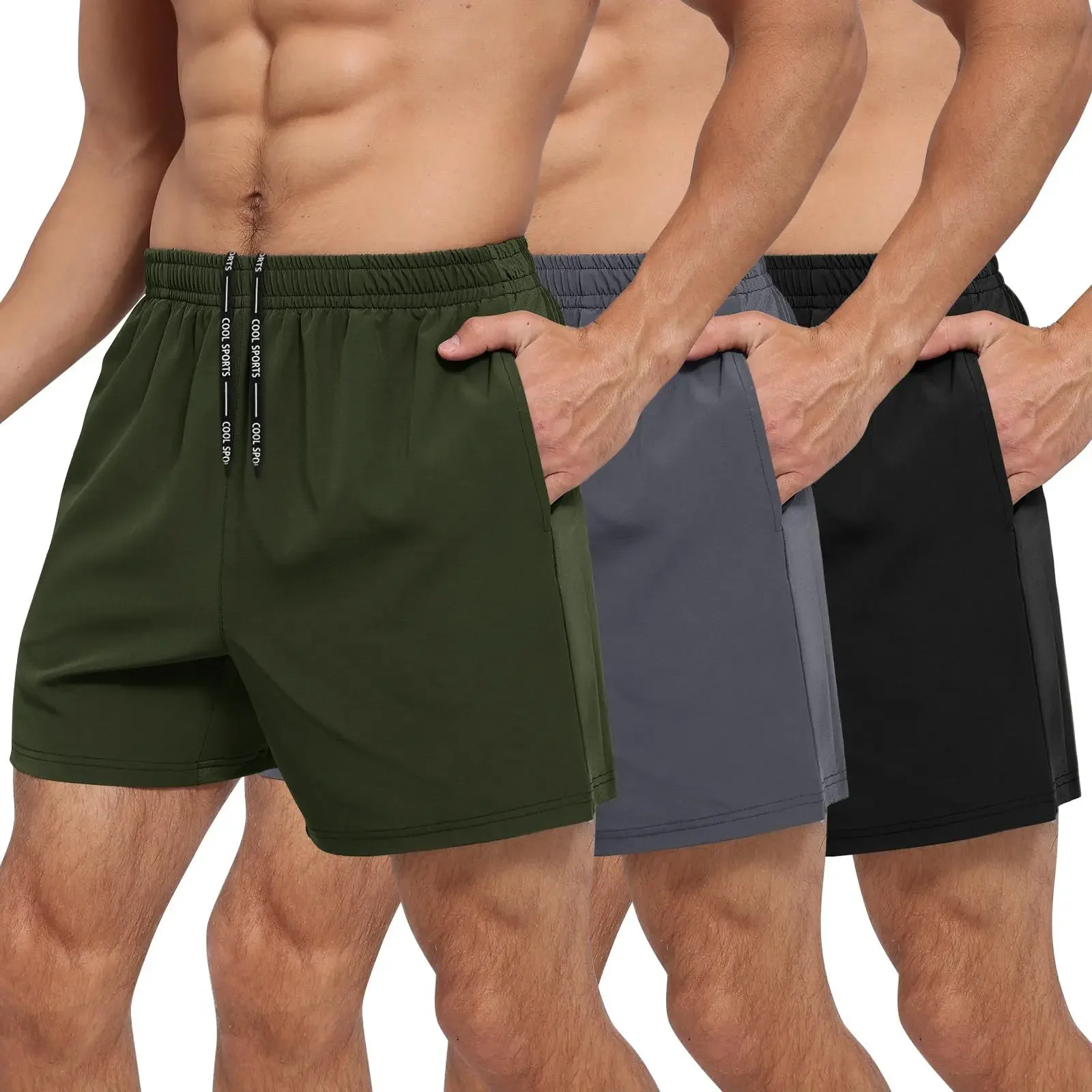 Men's Quick Dry Running Pants Casual Fitness Sports Shorts with Zipper Pockets Three-in-One Design Comfortable Breathable