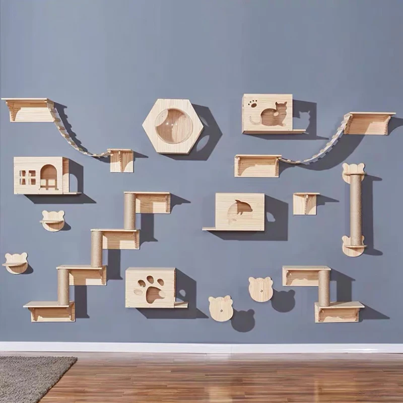 

Wall-Mounted Cat Climbing Frame, Cat Tree, Solid Wood, Hexagon Space Capsule, Wall Springboard, House Ladder, Pet Furniture Set