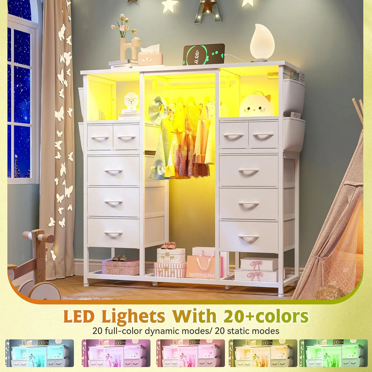 10 Drawers Dresser with LED Lights & Charging Station, Chest of Drawers & Clothes Rack, Wooden Top, Bedroom, Closet