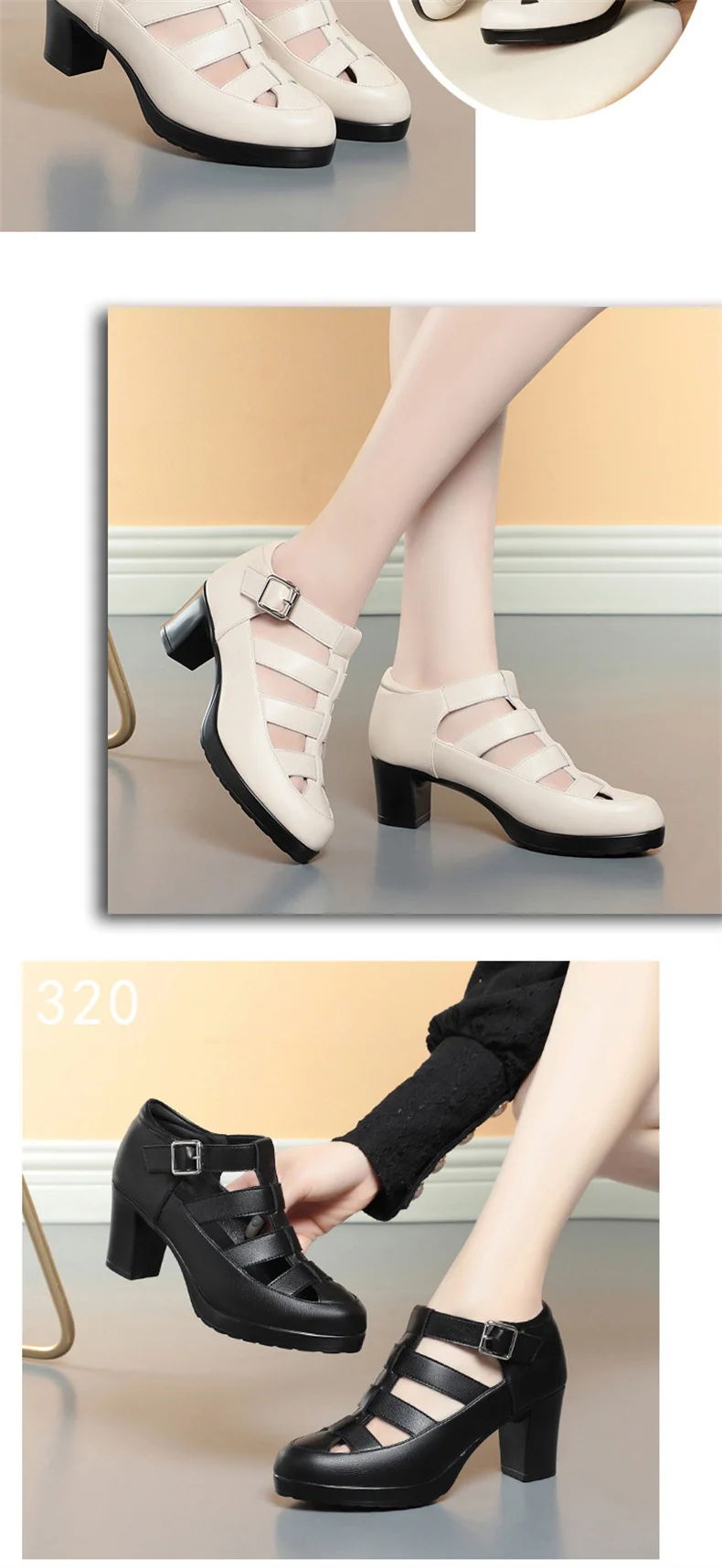 Breathable Cutout Close Head Platform Shoes Soft Leather 2024 Summer Block Med Heels Gladiator Sandals for Office Mom