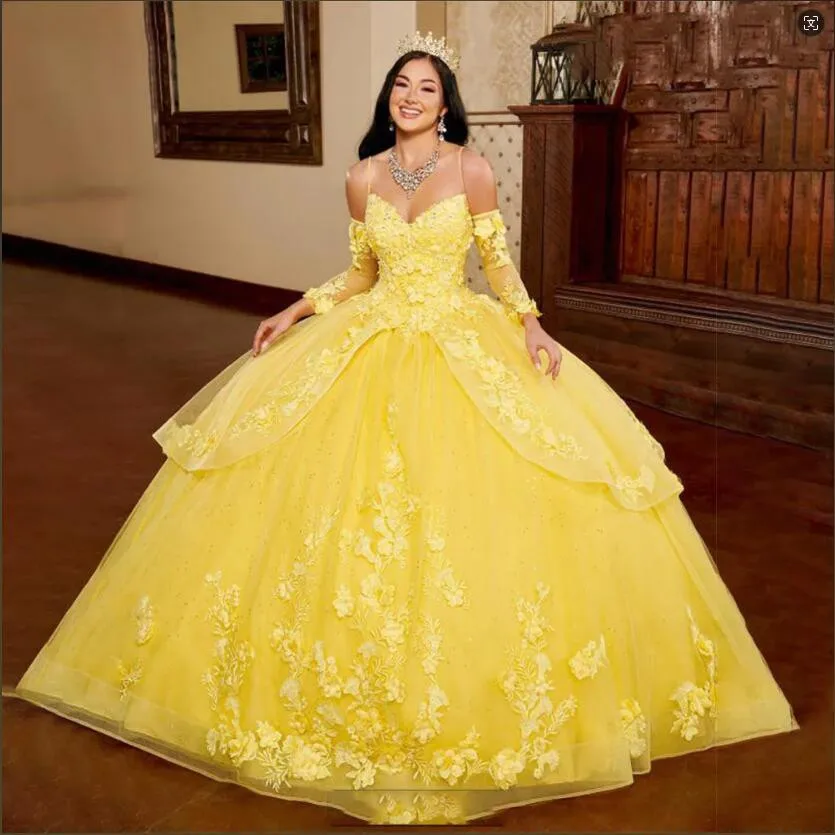 15 Quinceanera Dresses New Full Sleeve Party Dress Sweetheart Prom Ball Gown Elegant Spaghetti Strap Robe De Bal Plus Size