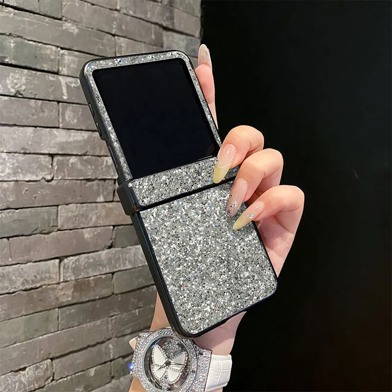 Sparkling Rhinestones Glitter Leather Phone Case with Shiny Hard PC Cover
