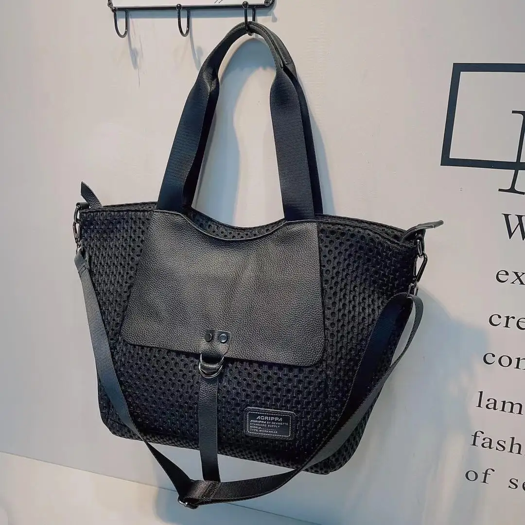 

European And American Fashion Mesh Hollow Cowhide Splicing Large Capacity Shoulder Bag Leisure Simple Fitness Travel Bag Trend