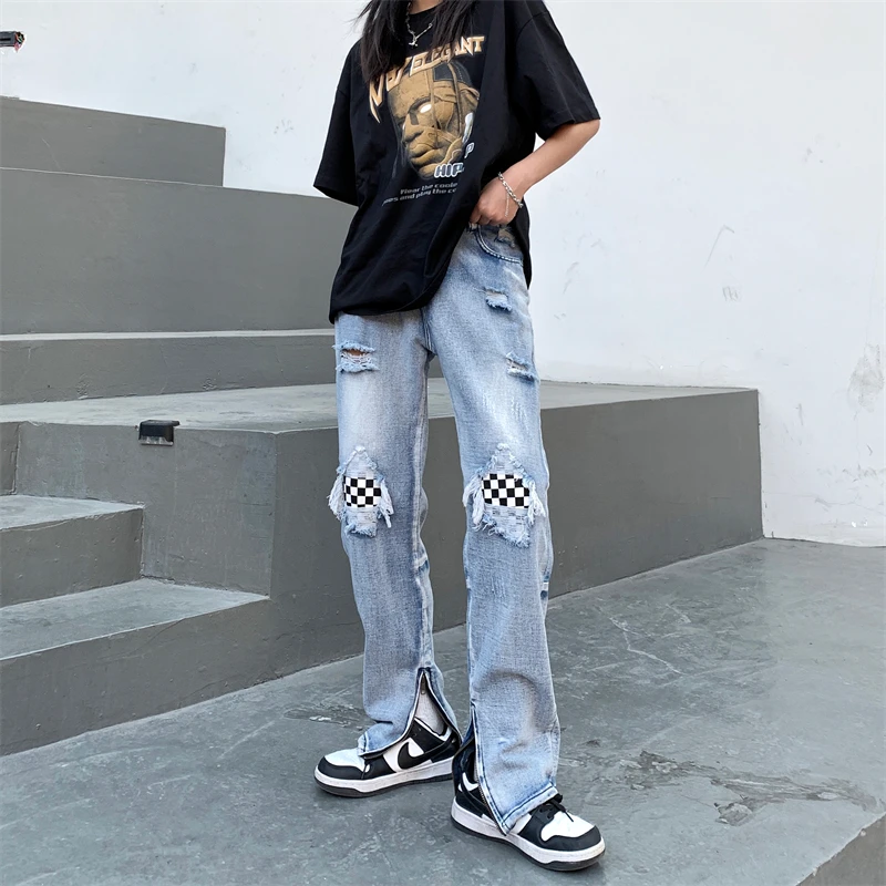 Fashion Streetwear Plaid Ripped Jeans Women Men Korean New High Waist Staight Zipper Denim Pants Mujer S-3XL