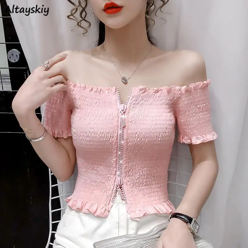 

Shirts Women Sexy Sweet New Design Young Ulzzang Folds Mature Slim Summer Chemise Femme Trendy All-match Gentle Off-shoulder Ins