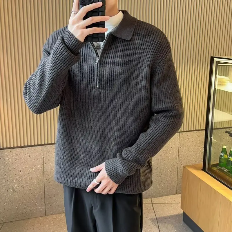 2024 Spring Half Zip Knitted Sweater Men Long Sleeved Casual Sweater Lazy Style Lapel Knitwear Tops Streetwear Men Clothing