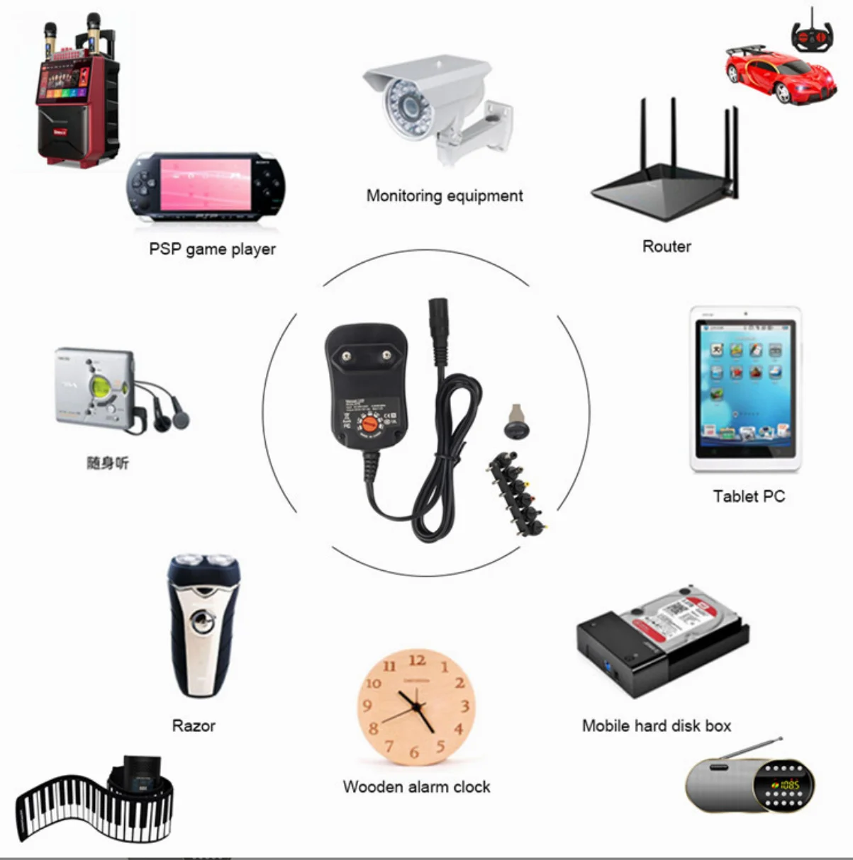 Universal 12W-30W Multi-Voltage DC Wall Charger with Interchangeable Plugs