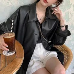 Women's Autumn Winter Vintage PU Jacket Faux Leather Coat Female Lapel Collar Single Breasted Outerwears Overcoat