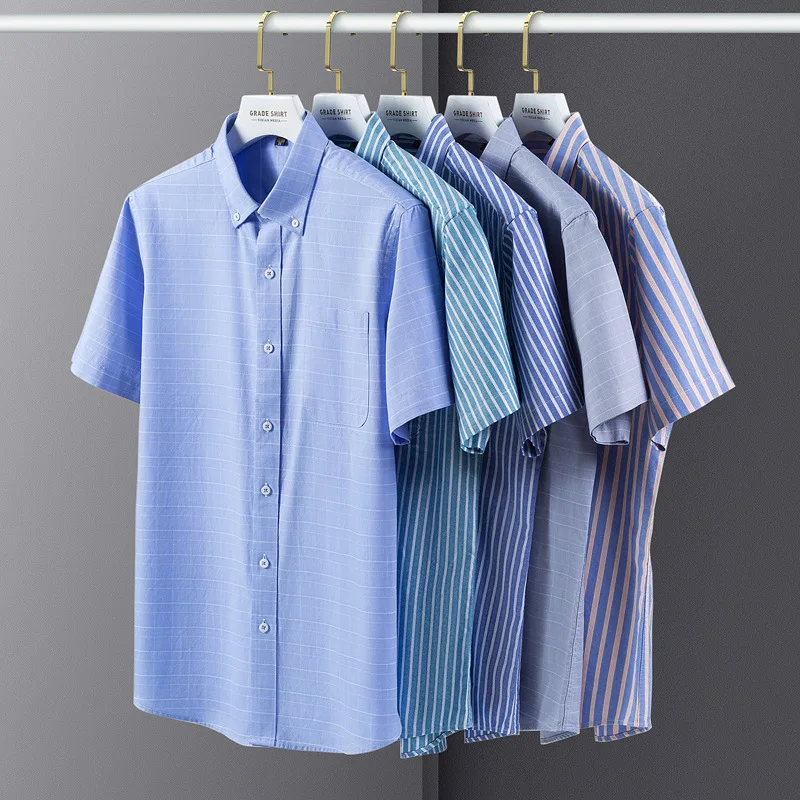 Men's short sleeve shirt Summer 100% cotton Oxford textile Business casual high quality breathable wear free fashion plaid 3