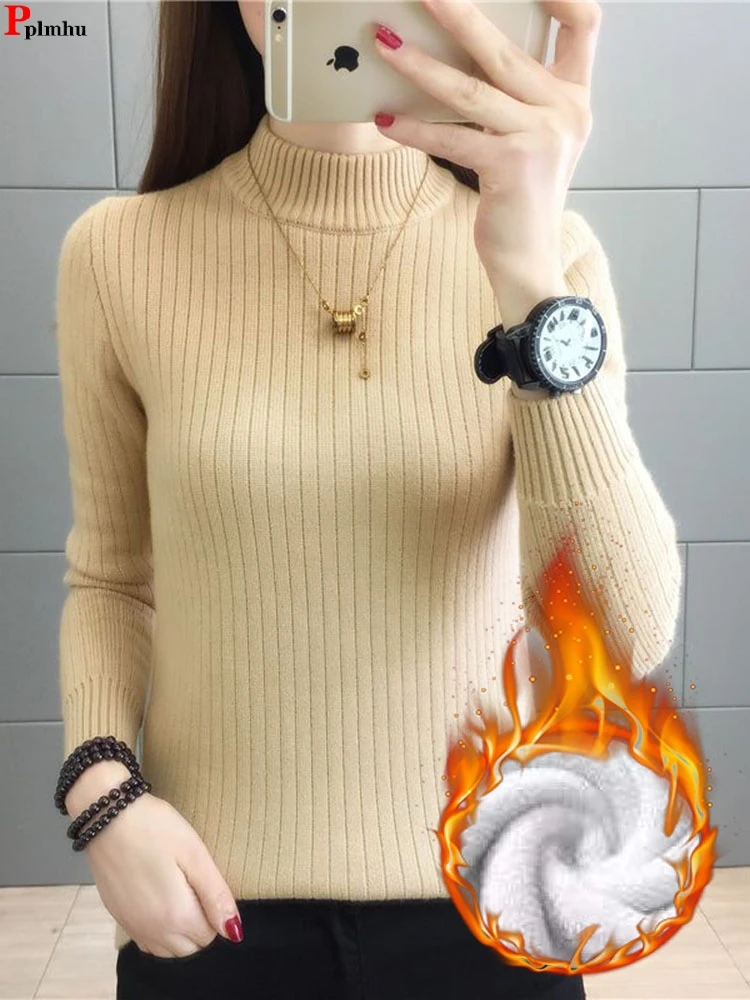 

Winter Slim Pullovers Half High Collar Plush Lined Sweater Warm Soft Thick Poleras Mujer Solid Color Korean Knit Long Sleeve Top