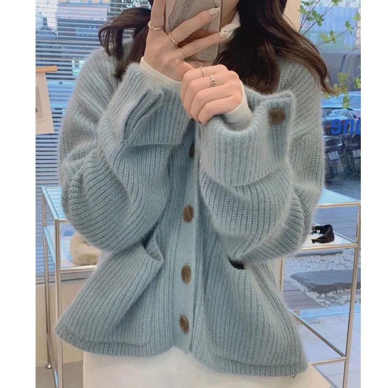 

Autumn/Winter Women's Sweater New V-Neck Solid Color Loose Pockets Cardigan Knitted Coat Traf Casual Thick Sweaters for Women