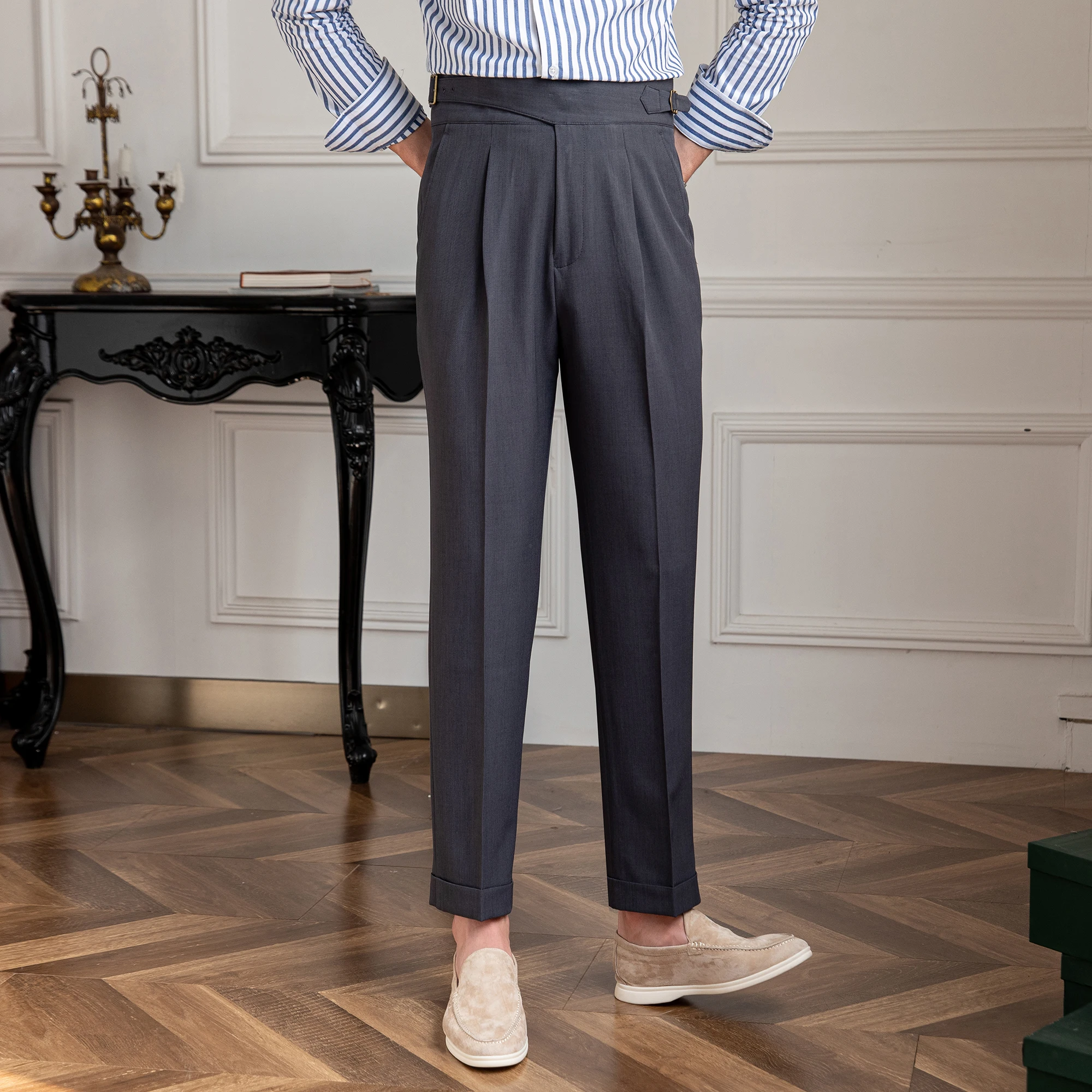 Mr. Deer Three Summer Thin Naples High Waist Straight Pants British Casual Dape Gurkha Casual Pants for Men
