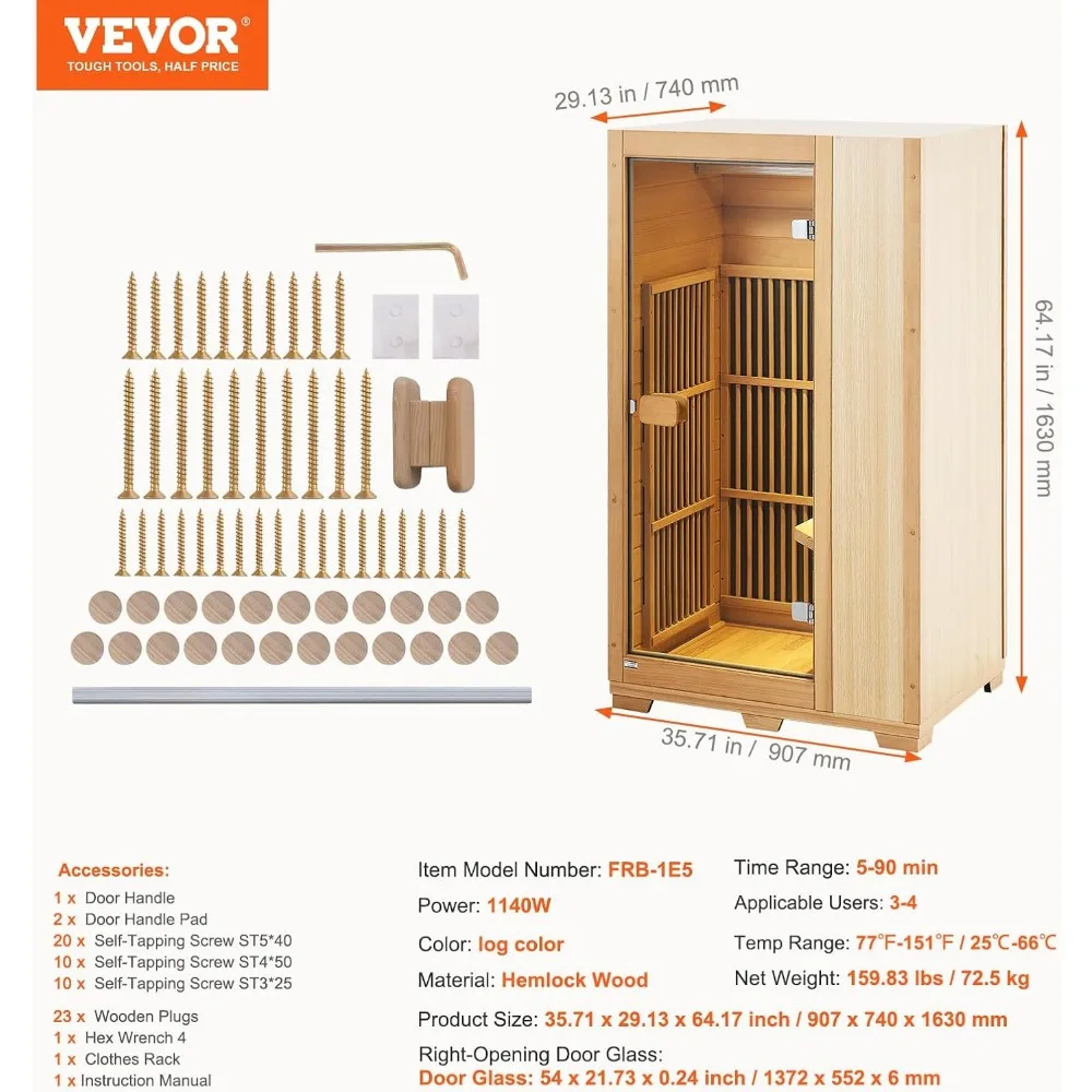 Far Infrared Wooden Sauna, Room Home Sauna Spa for One Person, 1140W Low EMF Far Infrared Hemlock Wood Sauna with Tempered 6
