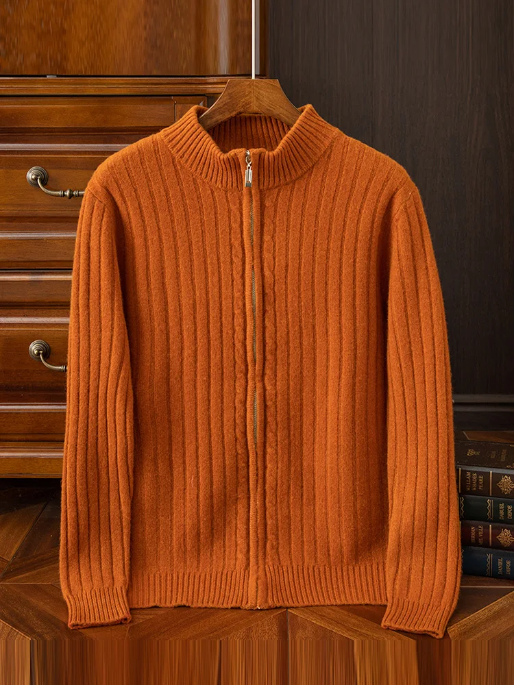 100% 울 하이엔드 남성용 가디건, 지퍼 클로저 터틀넥 스웨터, 편안한 남성 의류, 가을 및 겨울, 신상 니트웨어