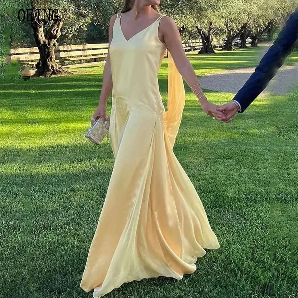 

OEING V-Neck Yellow Homecoming Dress Spaghetti Straps Wedding Dresses Backless Floor Length Vestidos De Fiesta Custom Made