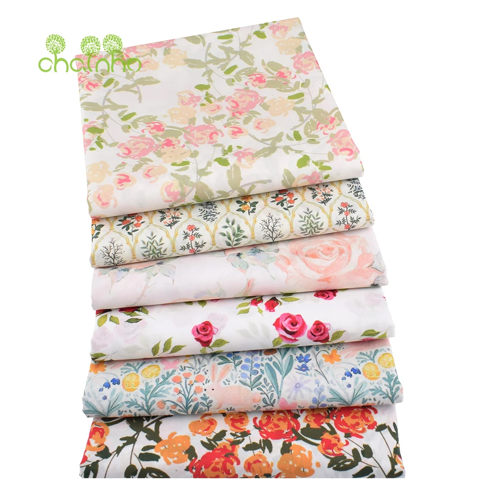 Chainho,Floral Series 60S Reactive Printed Plain Cotton Fabric,Poplin Material For DIY Quilting Sewing Children's Dresses,Skirts