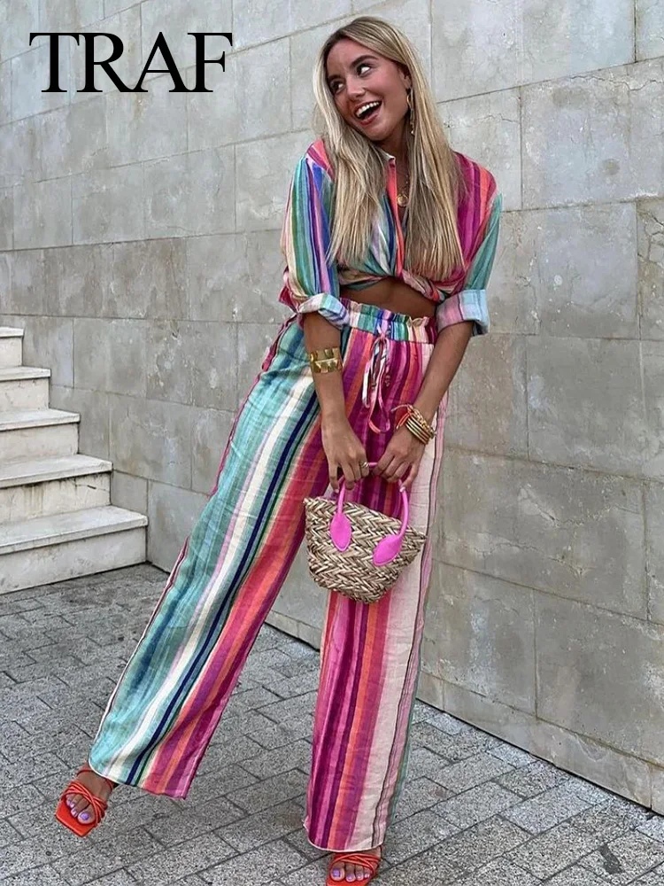 

Женский комплект из блузки и брюк, однобортная блузка с длинным рукавом и широкие брюки в полоску, комплект из 2 предметов, весна-лето 2023