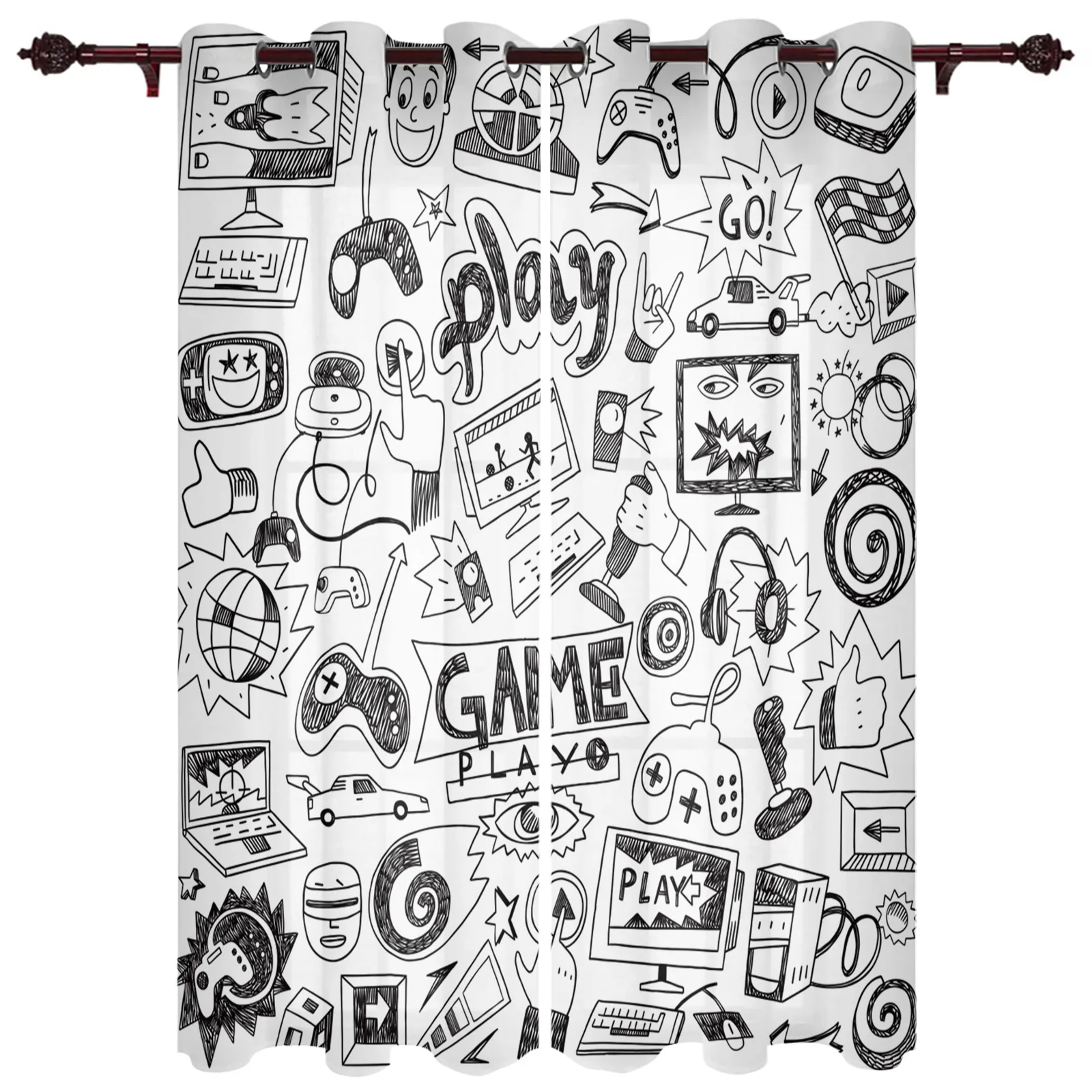 Play Game Black White Cartoon Graffiti Curtains For Living Room Window Curtain For Bedroom