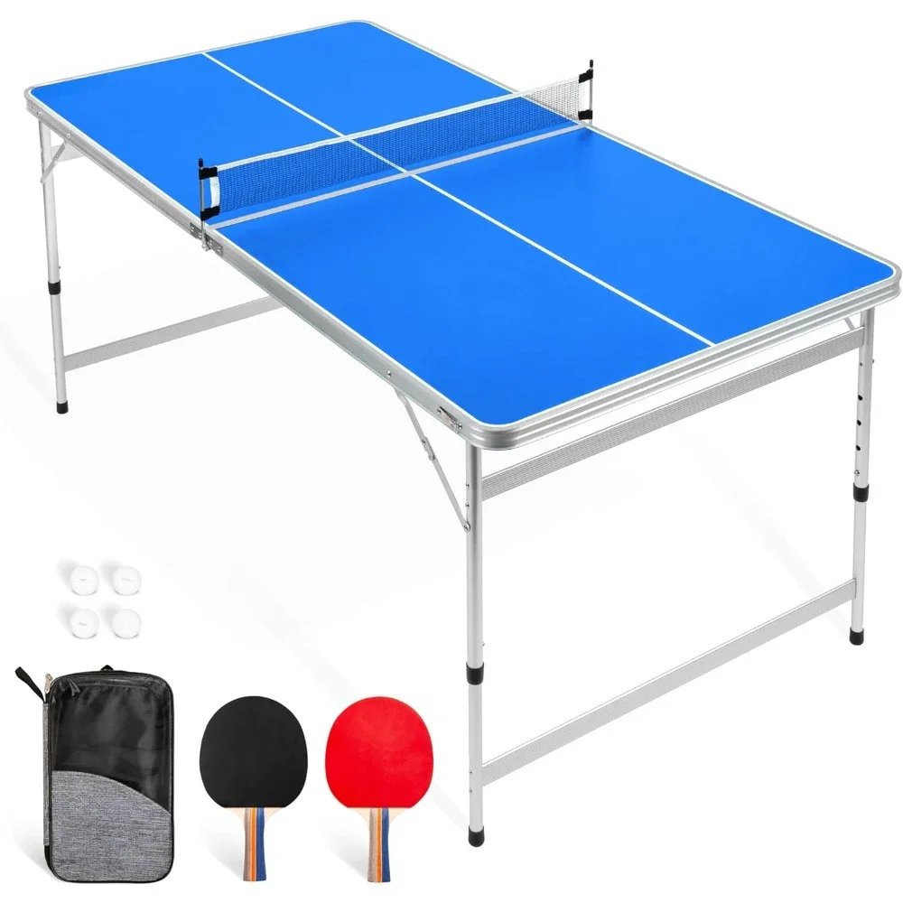 Table Tennis Table 6 X 3 Ft Mid-Size Set with Adjustable Height Bring Two Rackets and Four Balls Foldable Ping Pong Table