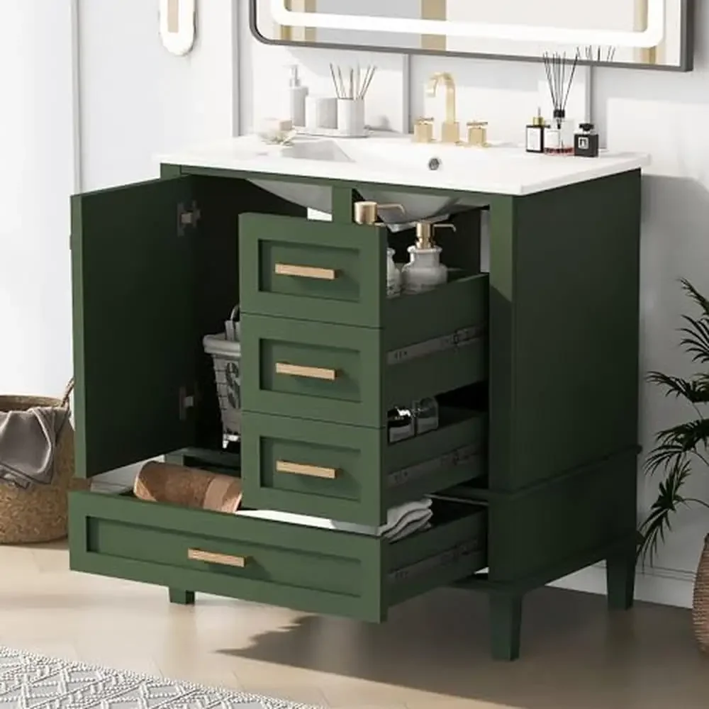 Bathroom Vanity Set 30" with Sink Cabinet Drawers Doors Modern Green Wood Single Vanity Floor Storage Organize Residence Quiet 3