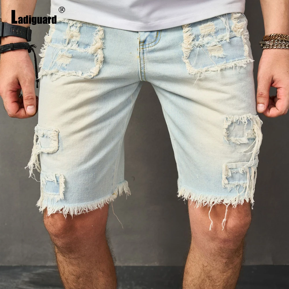 

Мужские рваные джинсовые шорты с дырками, модные короткие джинсы в американском и европейском стиле с карманами на молнии, новинка 2024, сексуальные Рваные джинсовые шорты
