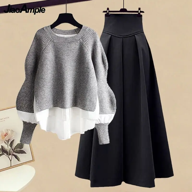 2024 Spring New in Matching Set Korean Elegant Fake Two Piece Long Sleeve Knitted Top High Waist Skirt Suit Female Clothing