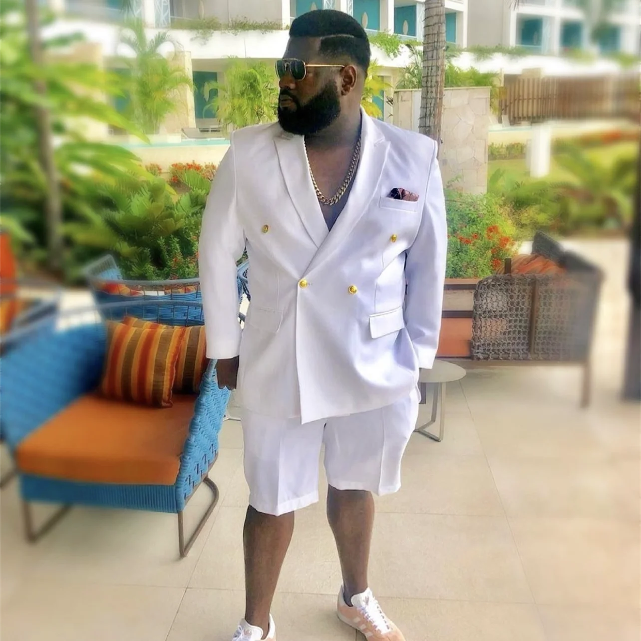 

New Summer White Men Suits Slim Fit 2 Piece Double Breasted Blazer With Short Pant/Classic Fit Formal Wedding Groom Fashion Wear