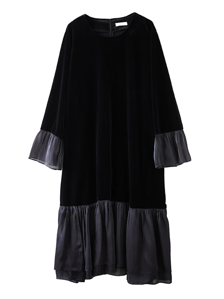 Mesh Patchwork Pleated Dresses For Women New Loose Casual Long Sleeve Vintage Dress Fashion Elegant Clothing Spring Autumn 2025