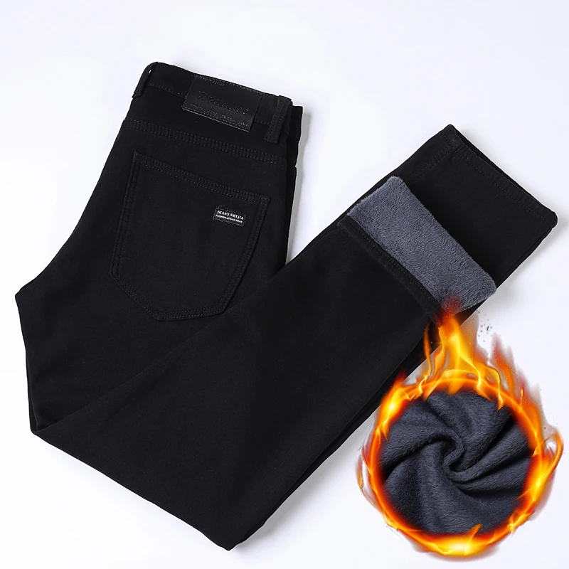 WTHINLEE Winter Men Black Straight Stretch Denim Thick Velvet Pants Warm Jeans Casual Fleece Line Trousers Male Plus Size 2