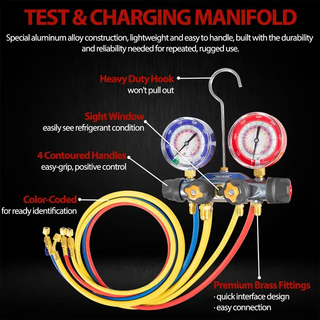 49968 4-Valve A/C Manifold Gauge Set With Hoses & Ball Valves - For R-22, R-404A, R-410A Refrigerant