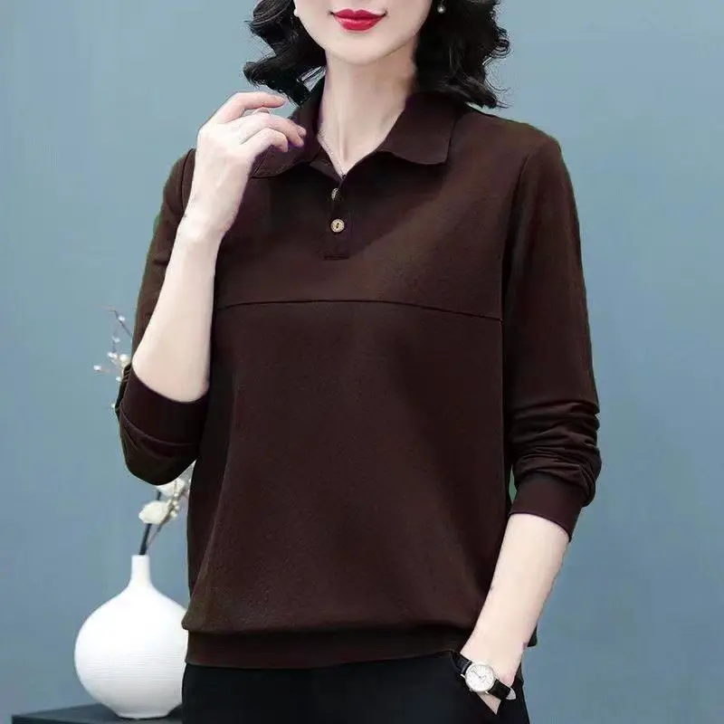 Commuter Versatile Women's Clothing Autumn and Winter New Spliced Buttons POLO Collar Long Sleeve Temperament Pullover Shirt