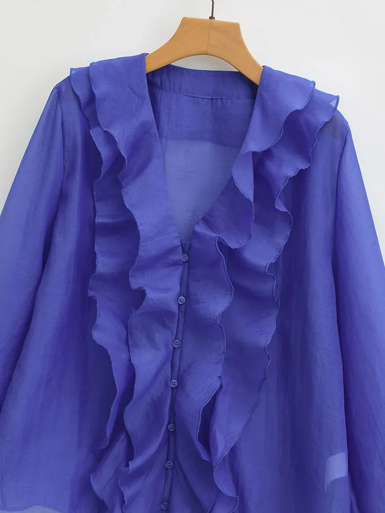 HH Women Fashion Ruffles Blouses V-Neck Button Long Sleeve Shirt Spring Summer Casual Office Lady Solid Chic Tops