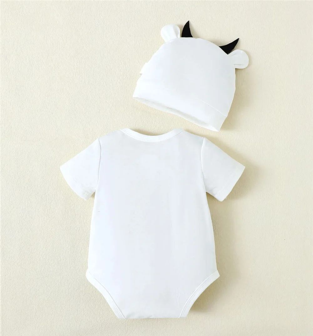 Summer jumpsuit Newborn Baby Boy Girl Cosplay Jumpsuit Cow Short Sleeved Bodysuit+Calf Hat Summer Lovely Romper 0-9 Months