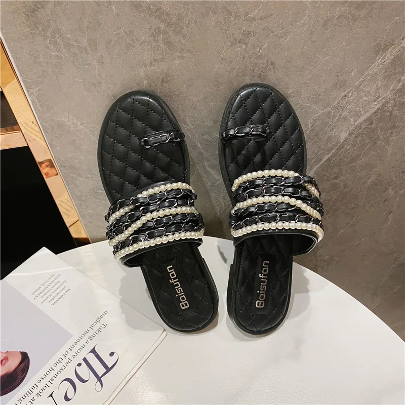 

Women Shoes Slip-On Sandalias String Bead Slippers Casual Chaussures Femme INS Hot Sale Sandals Flat Heeled Zapatillas Mujer