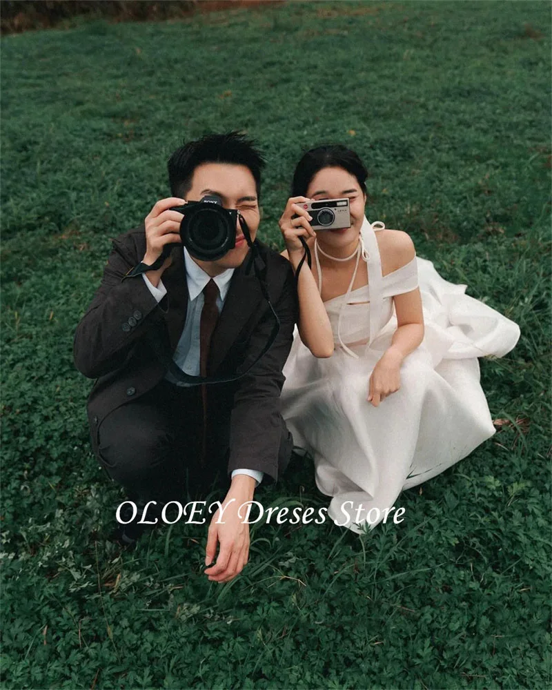 OLOEY Korea Simple Taffeta A Line Wedding Dress Photo Shoot Short Sleeve Garden Prom Gown Long Tail 웨딩드레스 customized 2