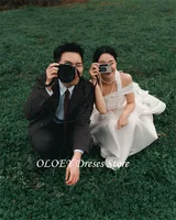 OLOEY Korea Simple Taffeta A Line Wedding Dress Photo Shoot Short Sleeve Garden Prom Gown Long Tail 웨딩드레스 customized 2