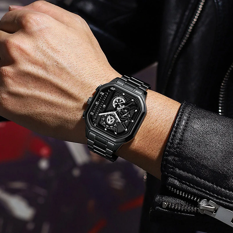 Fashion Casual Business Men Quartz Watch High-end Auto Date Big Square Dial Stainless Steel Band Watches For Man Gifts 6