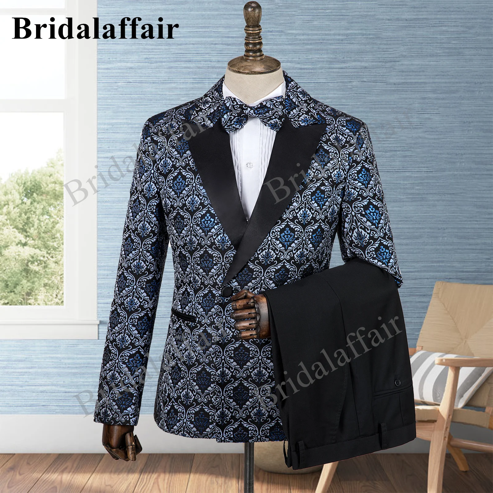 Bridalaffair Mens Dark Blue Elegant Suits Slim Fit Floral Printed Wedding Tuxedo for Men Custom Made 3Pcs Blazer Vest Pant Set bridalaffair mens red suits slim fit jacquard floral printed wedding tuxedo for men costume homme 3pcs blazer jacket pants vest