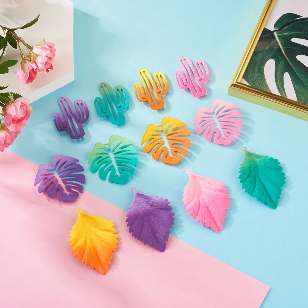 24Pcs Gradient Spray Painted Plants Pendants Colorful Iron Cactus Leaves Charms for DIY Jewelry Earrings Making Accessories