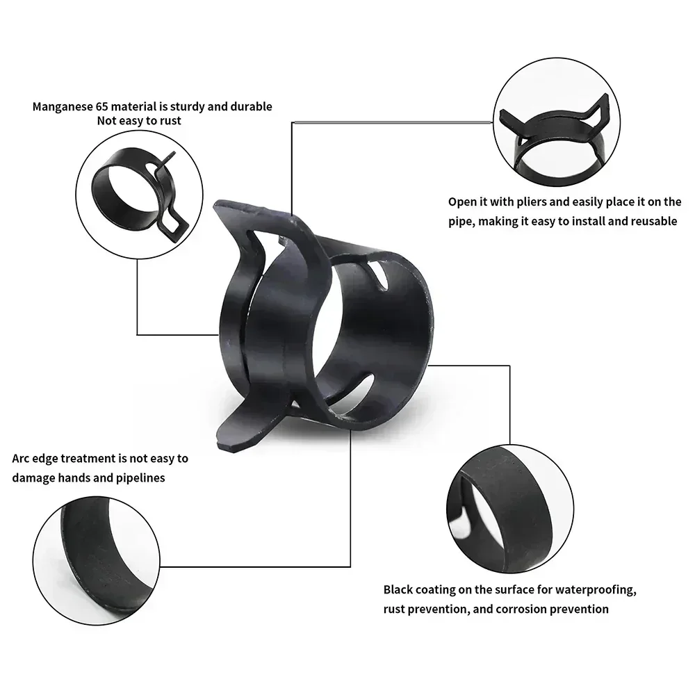 140pcs 6-22mm Black Q673B Vacuum Spring Fuel Oil Water Hose Clip Pipe Tube for Band Clamp Metal Fastener Assortment Kit + Plier