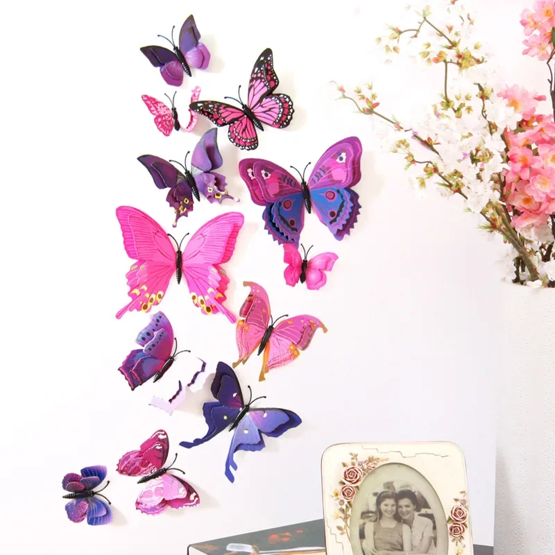 Mariposa decorativa de doble capa 3D para dormitorio, cortina de fiesta, flor falsa, decoración artesanal, mariposas de PVC con Pin, 12 unidades por lote