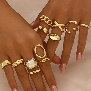 12 Pcs/Set Fashion Gold Color Irregular Geometric Open Rings For Women Men Punk Metal Adjustable Knuckle Joint Ring Jewelry Gift 1