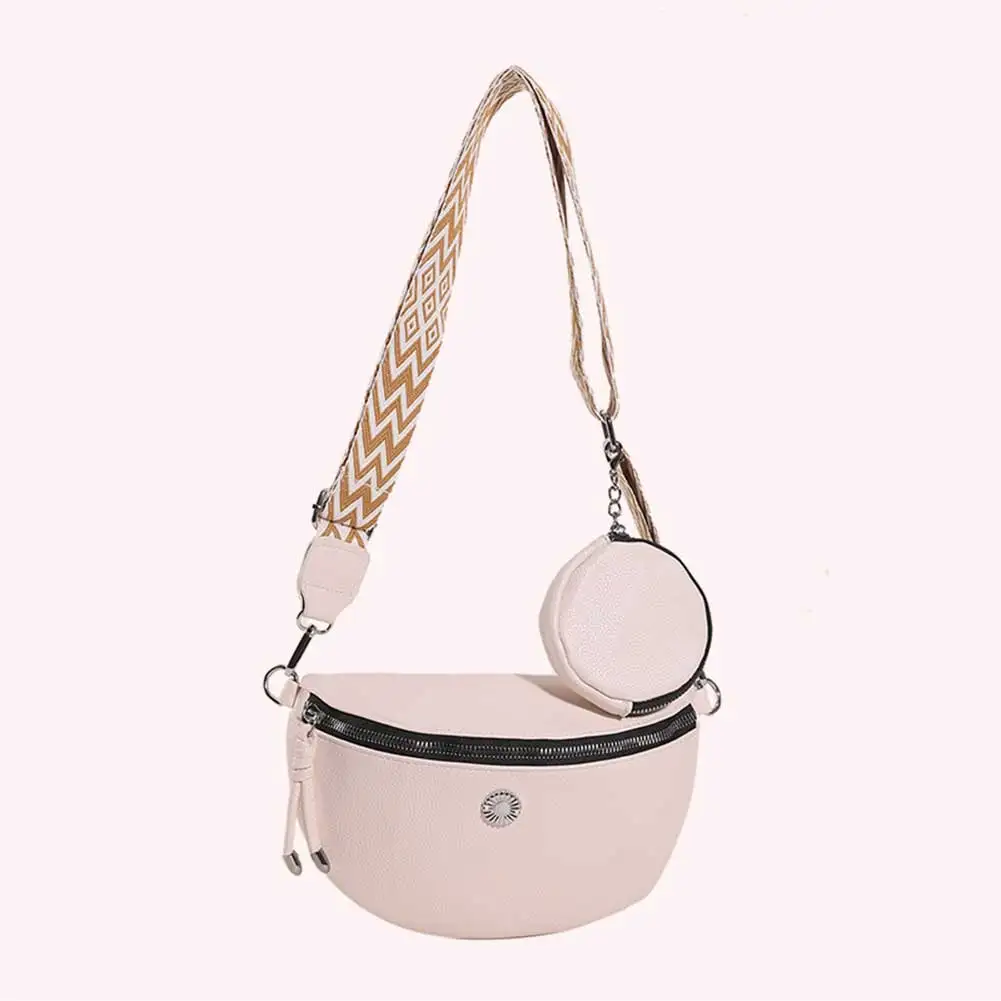 Ladies Fashion Wide Strap Handbag PU Leather Waterproof Commute Shoulder Chest Belt Bag Zipper Casual Adjustable Strap for Women