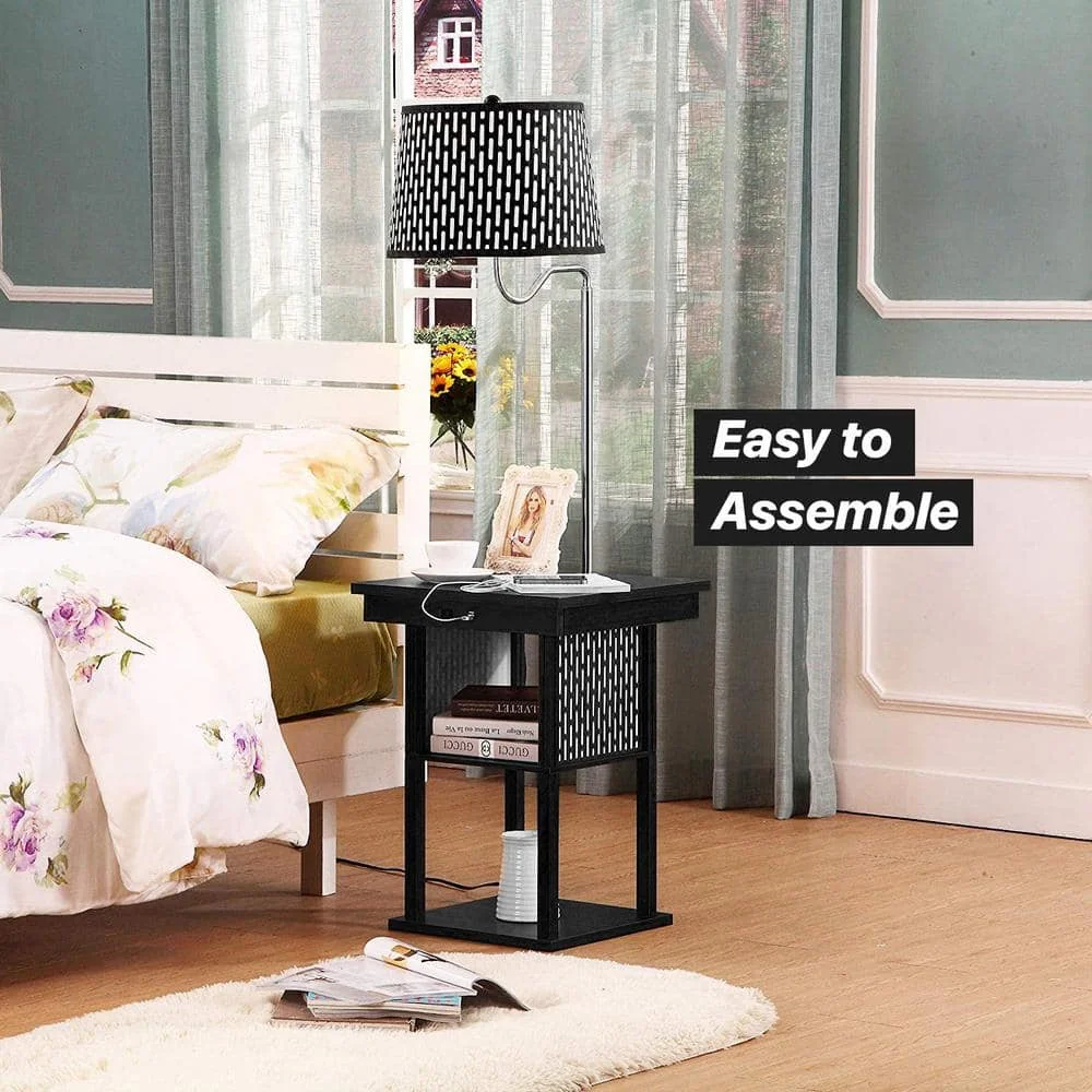 US Madison 56 in. Classic Black Mid-Century Modern LED Bedside Table Lamp with Fabric Drum Shade and Built-In USB Port