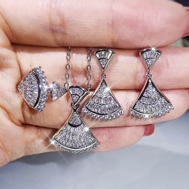 

2022 NEW Luxury Jewelry Set For Women S925 Sterling Silver Full Princess Cut Statement Skirt Pendant Dangle Earring Ring Gift
