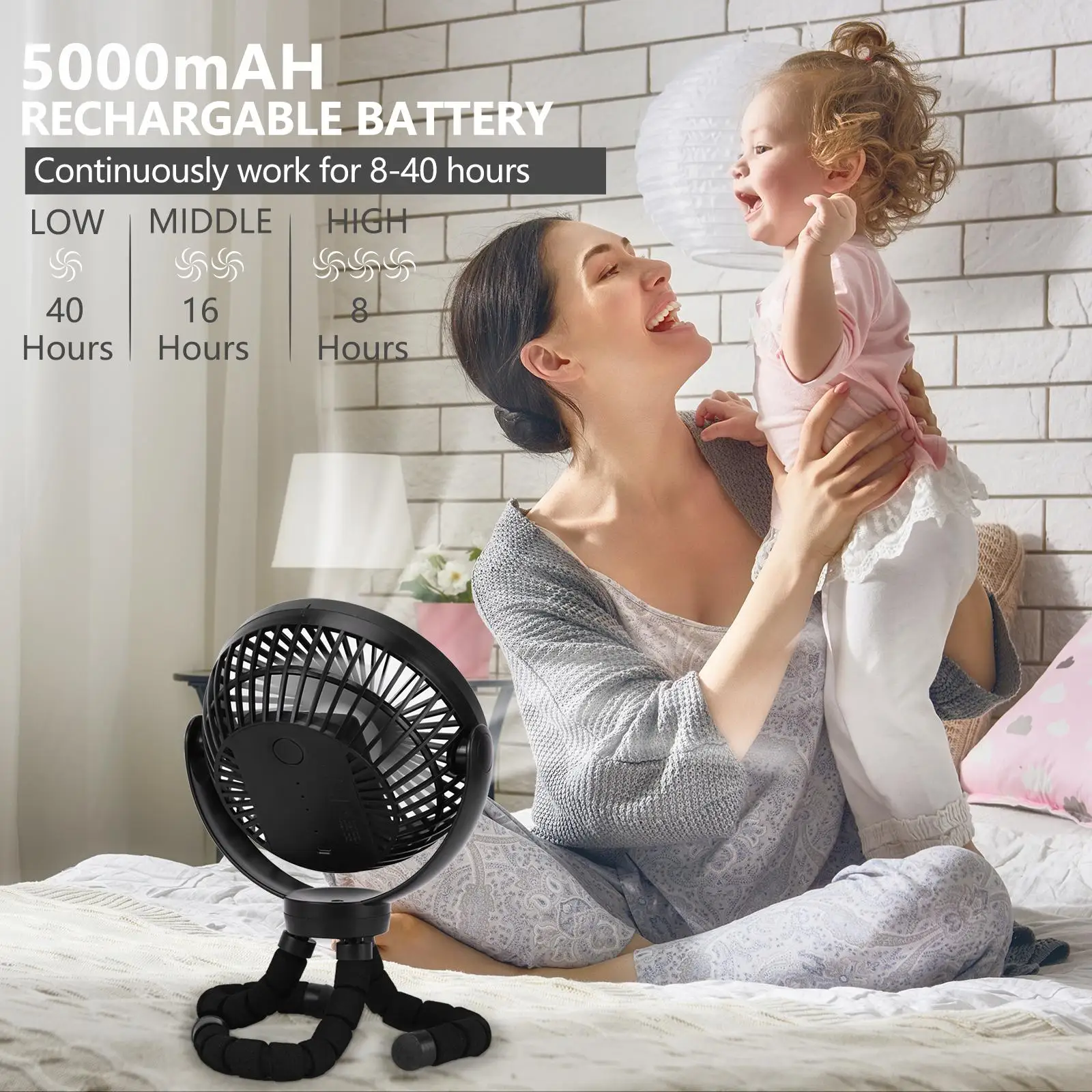 Flexible Stroller Fan 3 Speeds Rotatable Handheld Cooler (2)